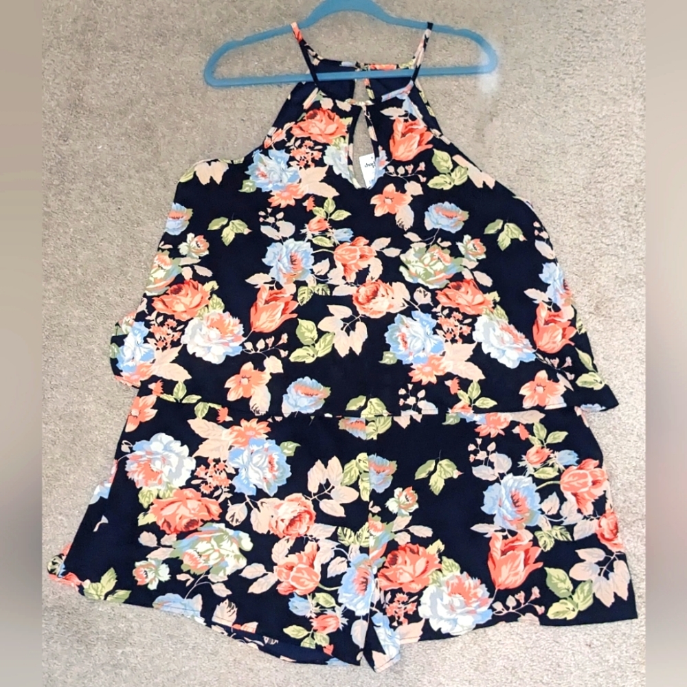 Charlotte Russe Plus Navy Floral Print Layered Romper 2X